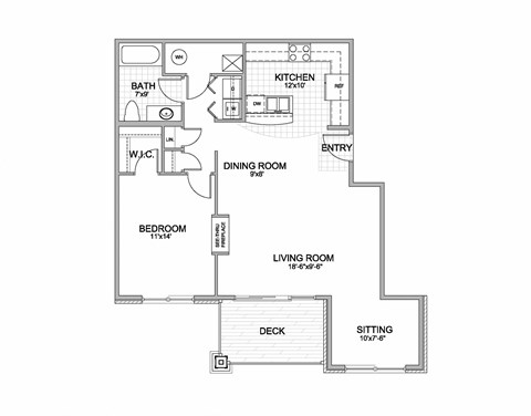 the 1-bedroom Sunshine flat floorplan at Grand Legacy in West Omaha, NE